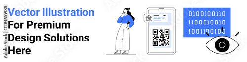 Person thinking near smartphone with QR code scanner, shield icon, binary code, and eye symbol. Ideal for cybersecurity, data privacy, digital trust, authentication, technology innovation flat