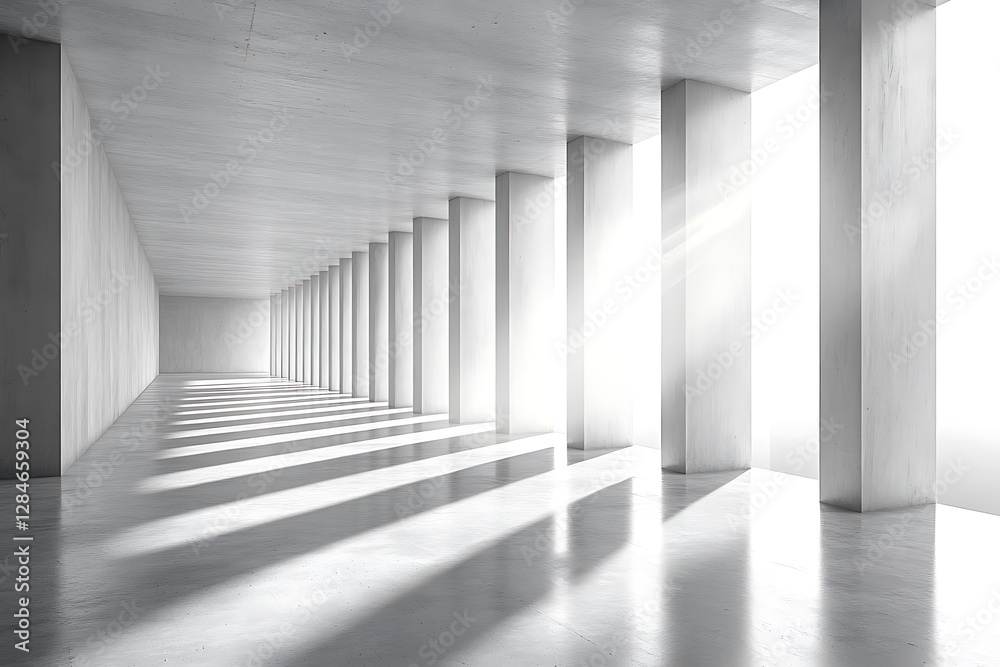 Fototapeta premium Modern Concrete Corridor with Sunlight Streaking Through Columns