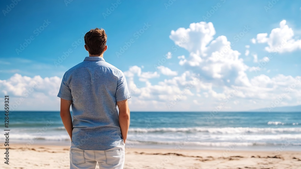 Young man standing on the beach looking at the calm ocean under a bright blue sky with white clouds : Generative AI Young man standing on the beach looking at the calm ocean under a bright blue sky with white clouds : Generative AI