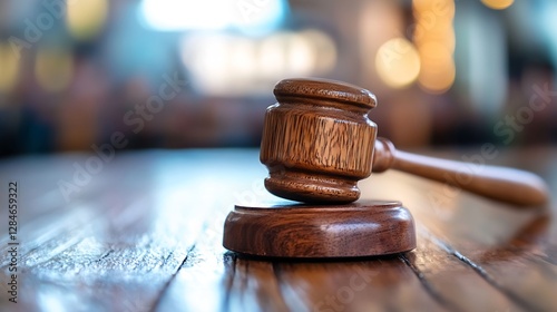Wooden gavel resting on a polished table symbolizing authority and decision in a courtroom setting : Generative AI
