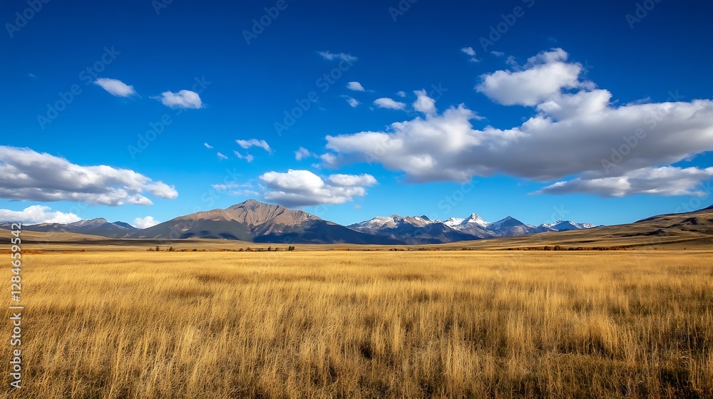 Stunning landscape view of rolling golden fields under a bright blue sky with clouds : Generative AI Stunning landscape view of rolling golden fields under a bright blue sky with clouds : Generative AI