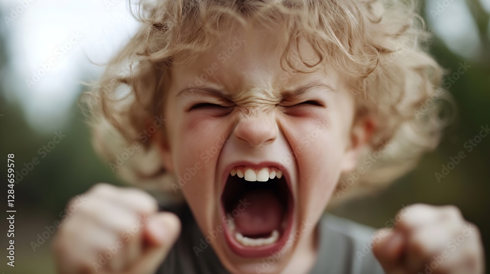 Child with curly hair expressing intense emotion while shouting loudly outdoors : Generative AI Child with curly hair expressing intense emotion while shouting loudly outdoors : Generative AI