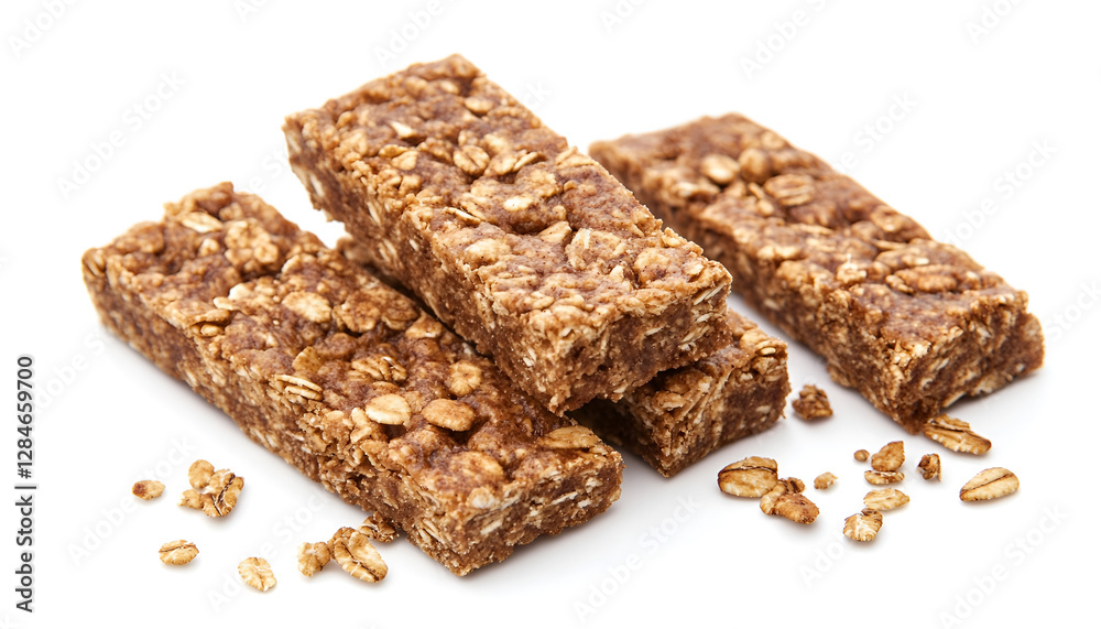 Various granola bars isolated on white background, top view. Homemade healthy snack - granola superfood bars Various granola bars isolated on white background, top view. Homemade healthy snack - granola superfood bars