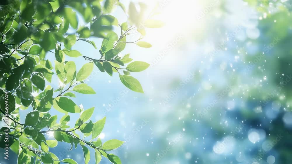 Fresh green leaves dancing in sunlight with magical bokeh effect. Natural spring background with bright foliage and dreamy light spots. Peaceful nature meditation scene with copy space Fresh green leaves dancing in sunlight with magical bokeh effect. Natural spring background with bright foliage and dreamy light spots. Peaceful nature meditation scene with copy space