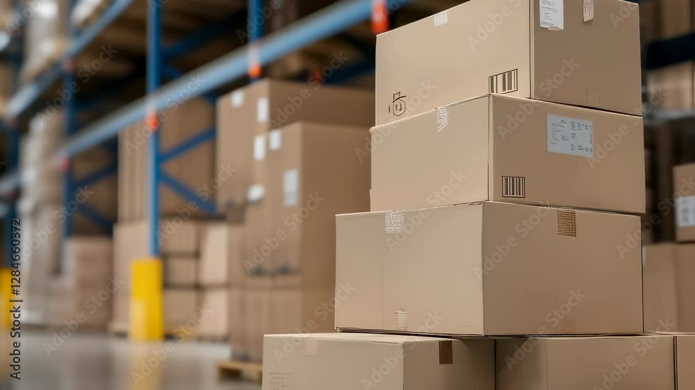 Cardboard boxes stacked in modern warehouse storage facility. Industrial logistics and freight distribution center. Supply chain management concept with organized shelving system with copy space Cardboard boxes stacked in modern warehouse storage facility. Industrial logistics and freight distribution center. Supply chain management concept with organized shelving system with copy space