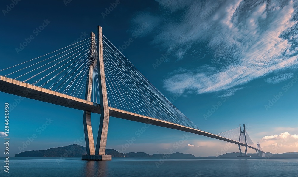Obraz premium Majestic cable-stayed bridge stretches over calm blue sea under the expansive sky with distant islands