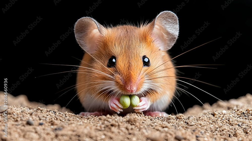 Adorable harvest mouse eats peas; dark background
