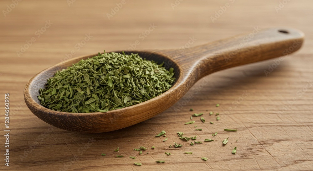 Dried Parsley in Wooden Spoon on Wooden Table for Cooking Dried Parsley in Wooden Spoon on Wooden Table for Cooking