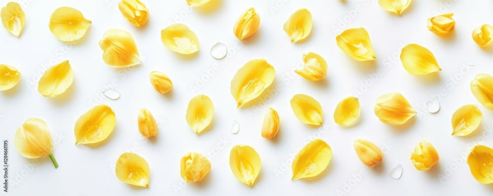 Yellow petals with dewdrops on white background creating a fresh and delicate floral arrangement Yellow petals with dewdrops on white background creating a fresh and delicate floral arrangement