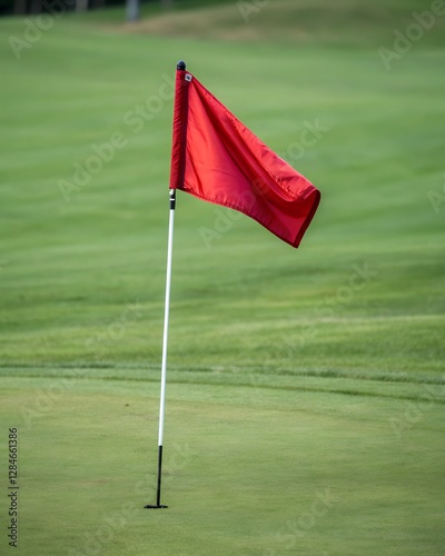 A red golf flag on a white pole standing on a green golf course.