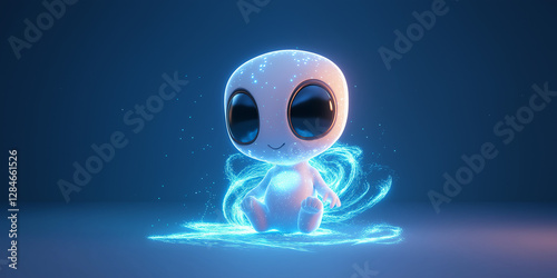 Cute alien sitting and glowing with magic energy in a dark studio