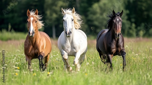 Three beautiful horses running freely in a lush green field under the blue sky creating a picturesque scene : Generative AI