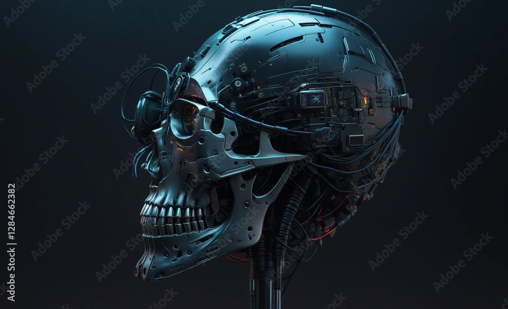 Close-Up of a Futuristic Cybernetic Skull with Glowing Eyes and Complex Wiring,cyberpunk skull Close-Up of a Futuristic Cybernetic Skull with Glowing Eyes and Complex Wiring,cyberpunk skull