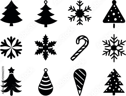 Creative Christmas Logo Icons. Snowflake, Candy Cane, and Tree Silhouettes