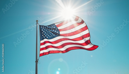 Billowing american flag with patriotic mood against sunny sky