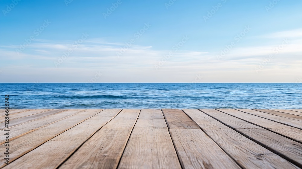 Serene Coastal View with Clear Blue Sky and Gentle Waves on Wooden Deck : Generative AI Serene Coastal View with Clear Blue Sky and Gentle Waves on Wooden Deck : Generative AI