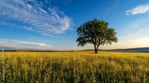 Vast golden field under a bright blue sky with a solitary tree standing tall at sunset : Generative AI