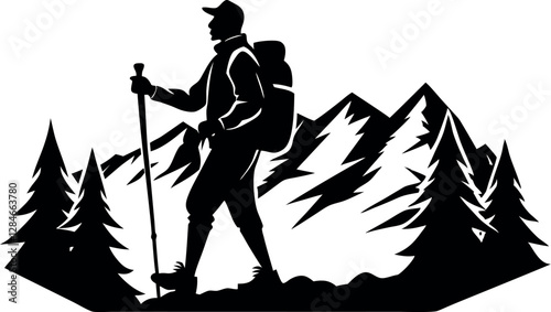 Silhouette of Hiking on a Scenic Trail. Vector Artwork