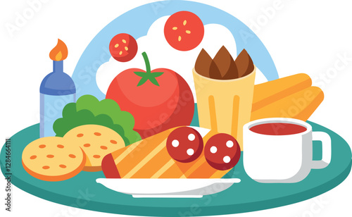Italian Cuisine Icons. Meat Meals, Snacks, and Set Lunches on a Plate