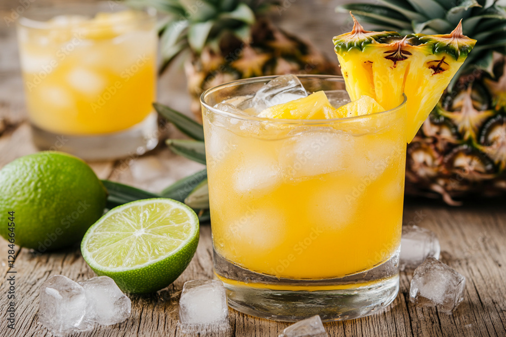 Tropical cocktail with pineapple, lime and ice cubes on a wooden table Tropical cocktail with pineapple, lime and ice cubes on a wooden table