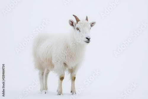 A lone white goat stands in a snow-covered landscape, highlighting its fluffy coat against the stark background.