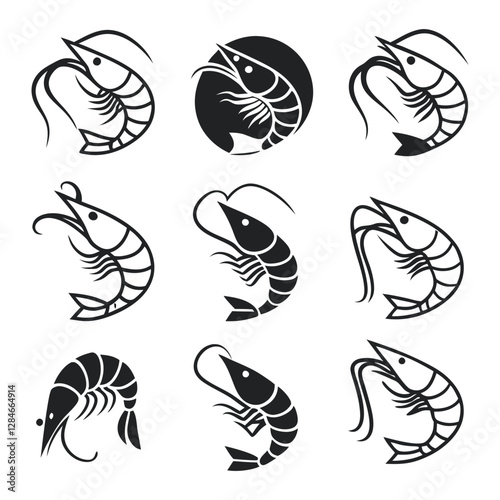 set of black and white silhouettes od shrimp