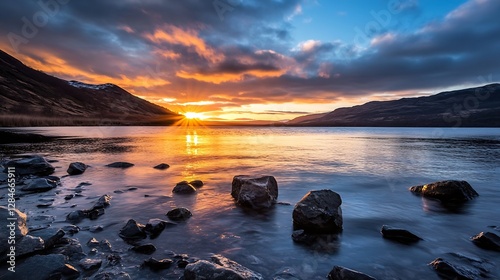 Breathtaking Landscape of a Mountain Lake at Sunset with Dramatic Sky and Calm Waters : Generative AI