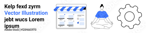 Website interface with blue striped awning, woman meditating in lotus pose, and gear icon. Ideal for e-commerce, mindfulness, technology, online stores, health, digital interfaces landing page