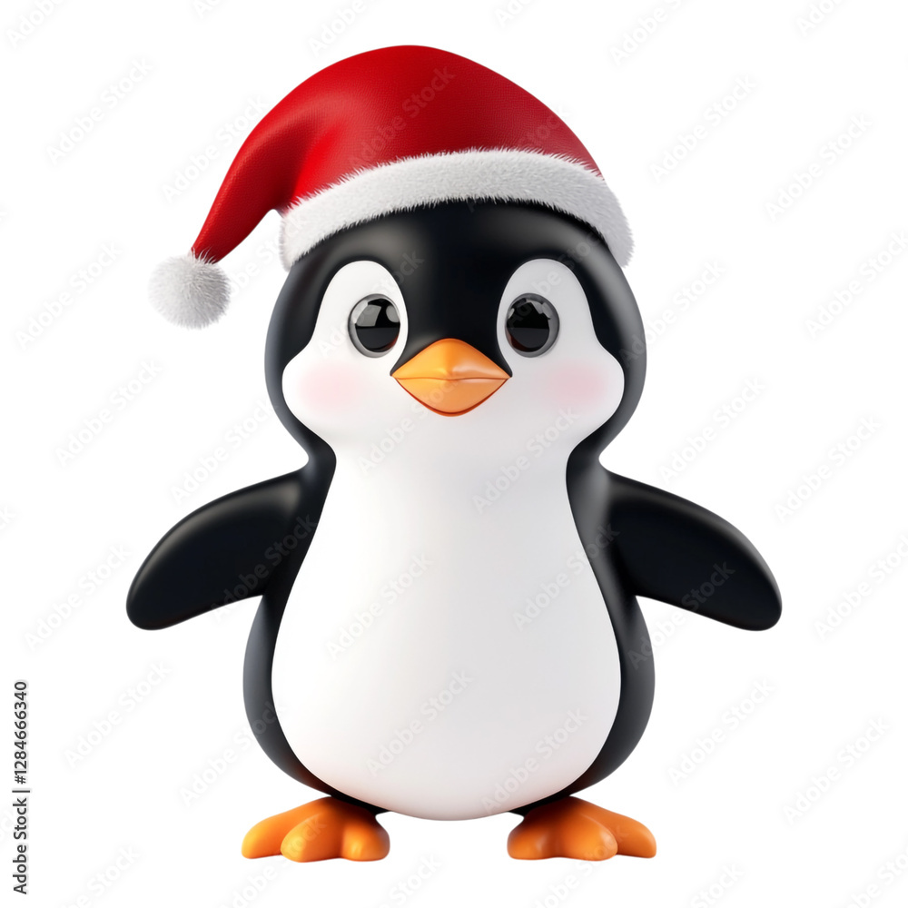 Fototapeta premium A whimsical 3D cartoon penguin dressed in a bright red Santa hat, showcasing a playful personality against a seamless transparent background, perfect for holiday-themed designs.