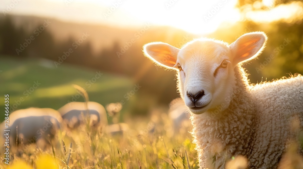 Fototapeta premium Adorable Baby Sheep in a Sunlit Meadow with Green Grass during Golden Hour : Generative AI