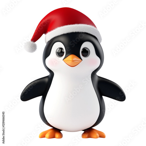 A whimsical 3D cartoon penguin dressed in a bright red Santa hat, showcasing a playful personality against a seamless transparent background, perfect for holiday-themed designs.