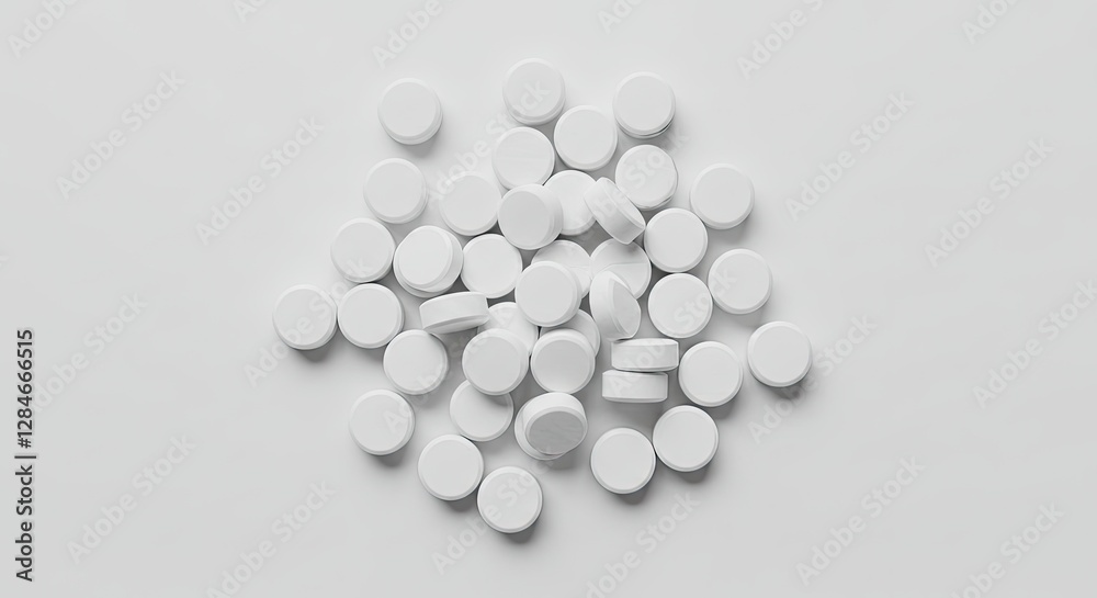 Pile of Round White Pills on Plain Background for Medical Use Pile of Round White Pills on Plain Background for Medical Use