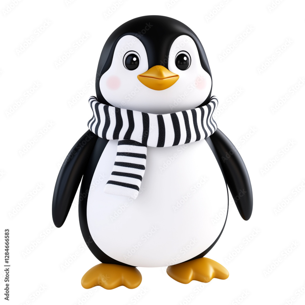 Fototapeta premium A cheerful 3D cartoon penguin, adorned with a vibrant red scarf, stands confidently against a transparent background, bringing a playful and whimsical touch to any winter-themed design.
