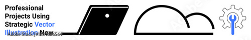 Laptop icon, abstract cloud shape, and gear with a wrench illustrating technology, innovation, cloud computing, software engineering, digital transformation, IT solutions, and collaborative tools