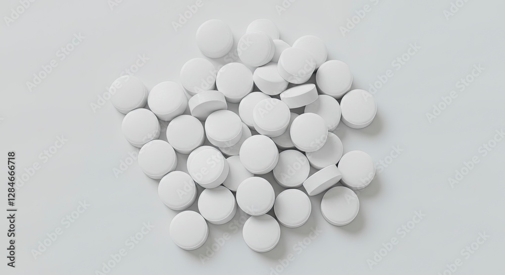 Pile of White Round Pills on a White Surface for Medical Use Pile of White Round Pills on a White Surface for Medical Use