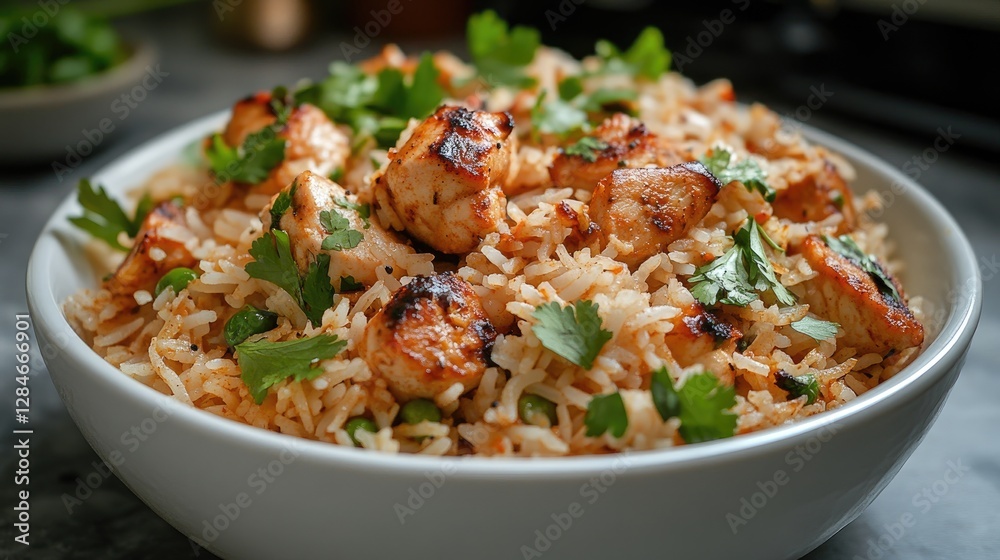 A delicious bowl of flavorful rice garnished with fresh herbs and grilled chicken. A delicious bowl of flavorful rice garnished with fresh herbs and grilled chicken.