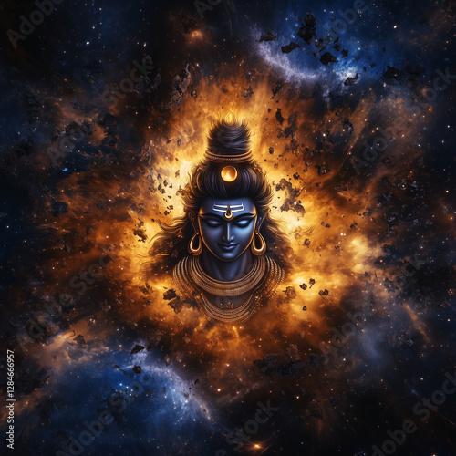A stunning digital artwork of Lord Shiva depicted as pure energy, his form appearing like a glowing silhouette against a cosmic backdrop. 