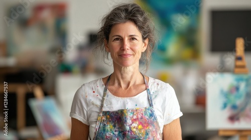A confident European woman in her early 40s stands in an art studio, expressing joy and creativity. She is wearing a paint-splattered apron, embodying the artistic spirit.