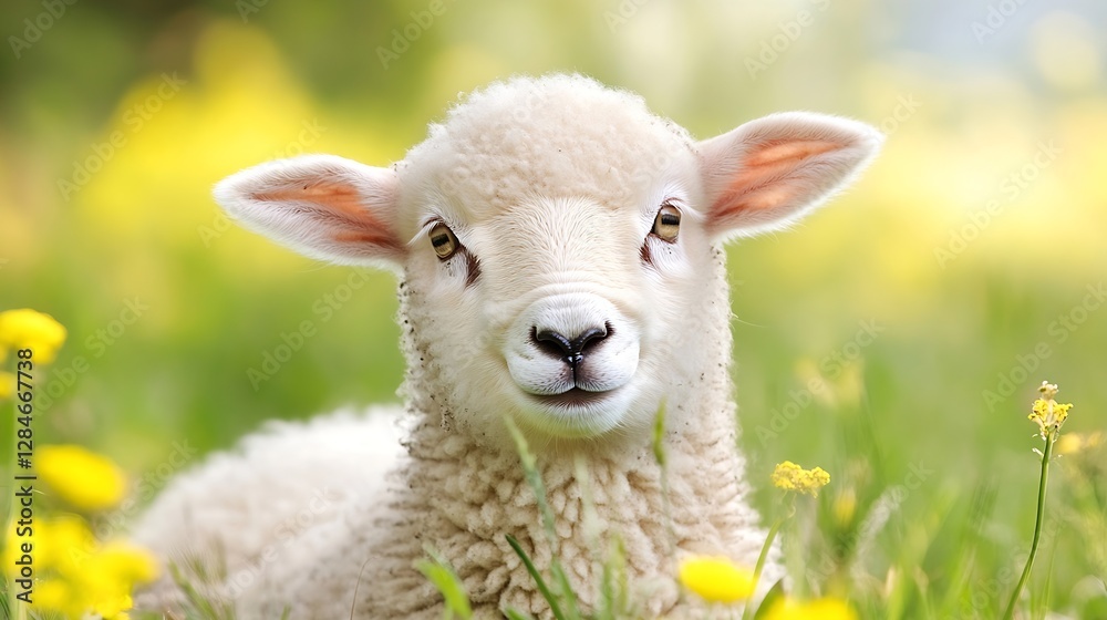 Fototapeta premium Adorable lamb smiling in a field of flowers showcasing a cheerful expression in a bright and lively outdoor setting : Generative AI