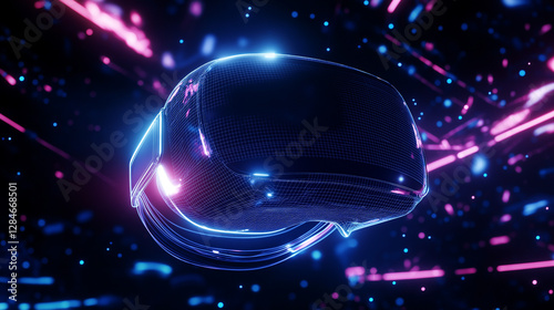Cutting-edge VR headset floating in space, surrounded by neon digital particles and wireframe landscapes, symbolizing virtual reality immersion