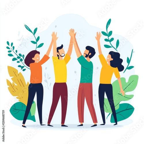 Group of happy people celebrating success with raised hands, vector illustration.