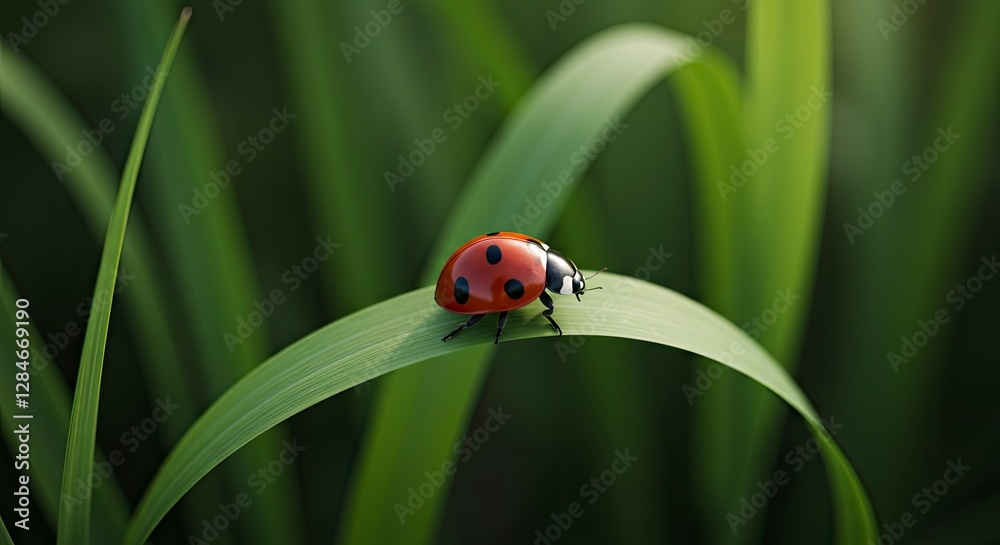 Ladybug Resting on Green Grass Blade in a Tranquil Garden Setting Ladybug Resting on Green Grass Blade in a Tranquil Garden Setting