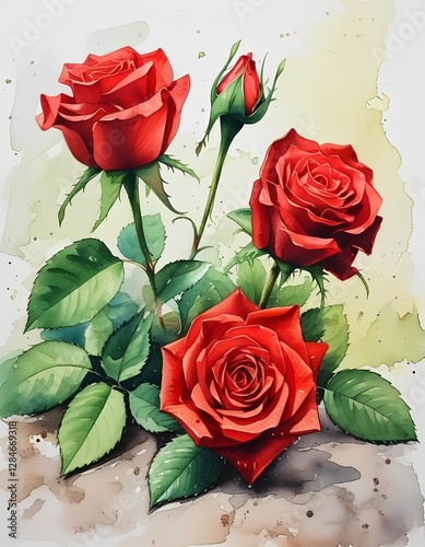 Vibrant red roses with green leaves artfully painted in watercolor style against a soft background