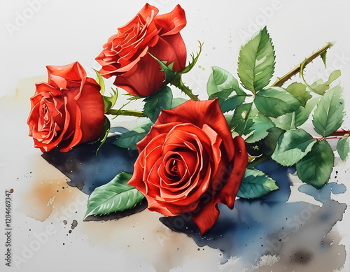 Vibrant red roses with green leaves artfully painted in watercolor style against a soft background