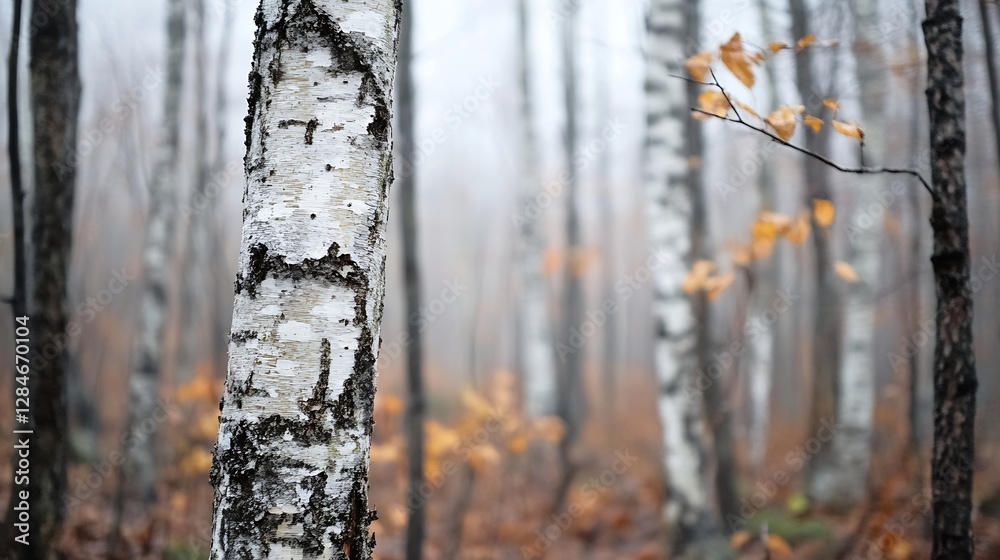 Misty Forest with Birch Trees and Autumn Leaves Creating a Serene and Enigmatic Atmosphere : Generative AI