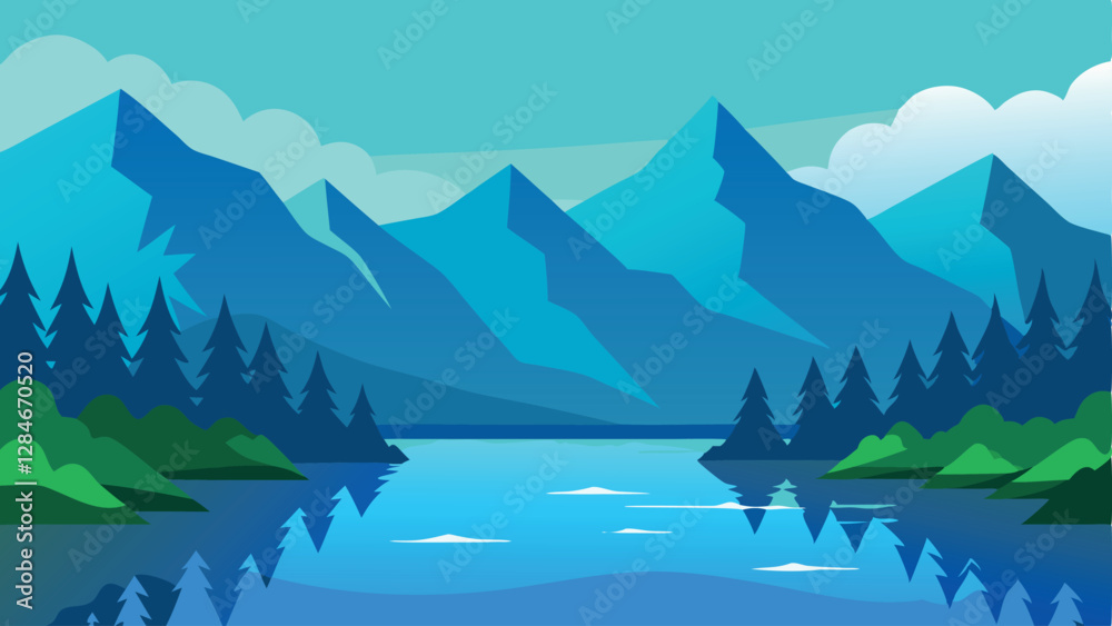 Calm and Serene Lake View with Pine Forest and Mountain Backdrop Calm and Serene Lake View with Pine Forest and Mountain Backdrop
