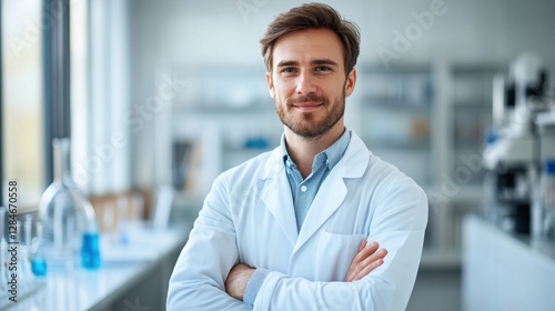 A professional young European man stands confidently in a laboratory setting. Dressed in a white coat, he embodies a blend of expertise and approachability, ideal for science-related projects.