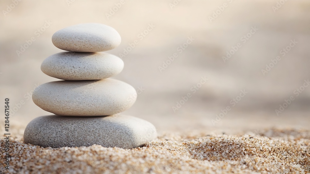 Balanced stones elegantly stacked on a sandy surface representing tranquility and natural beauty in a serene environment : Generative AI Balanced stones elegantly stacked on a sandy surface representing tranquility and natural beauty in a serene environment : Generative AI