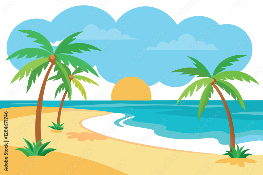 Breathtaking View of a Sunny Beach with Palm Trees and Soft Waves Breathtaking View of a Sunny Beach with Palm Trees and Soft Waves