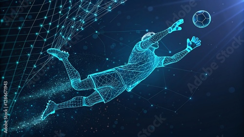 Futuristic Digital Wireframe Goalkeeper Saves Soccer Ball – AI Technology Concept